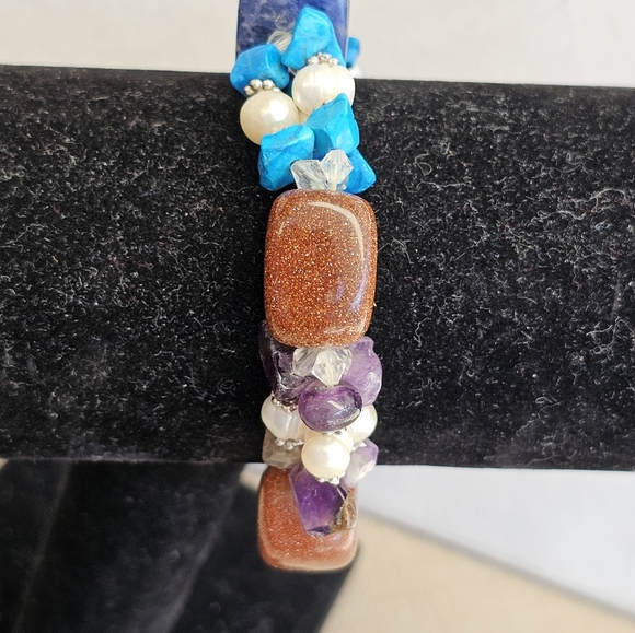 Sodalite,Copper Goldstone, Pearls, Amethyst, Turquoise Stretchy Bracelet - Picture 4 of 14
